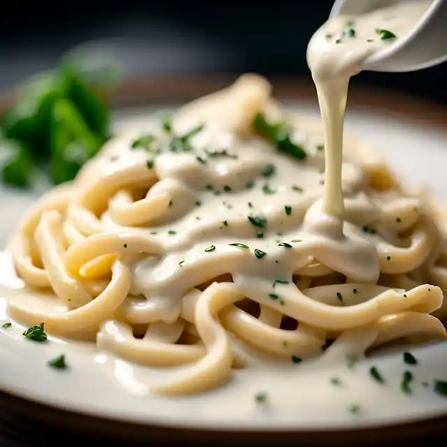 Salsa Alfredo vegana con leche de almendra, cremosa, sin lácteos, con hierbas aromáticas, perfecta para pasta o arroz.